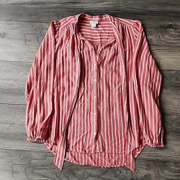 J CREW Red Striped Long Sleeve Bow Blouse Top Small S - Picture 2 of 4